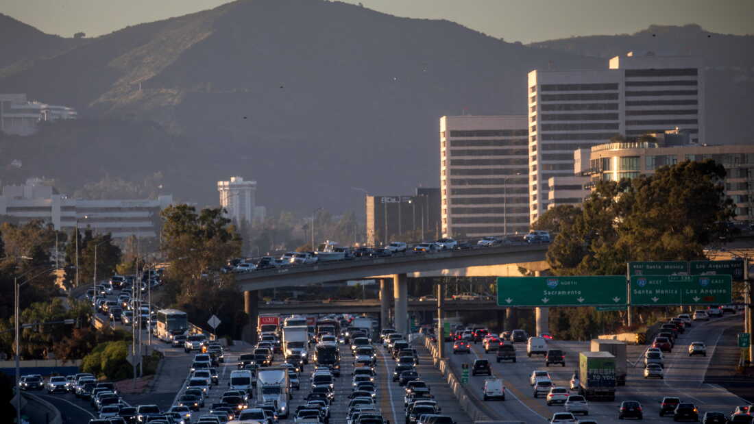 Traffic moves along the 405 Freeway on Feb. 13 in Los Angeles.