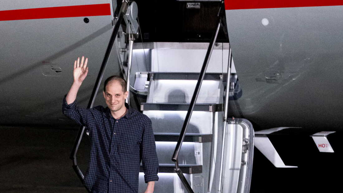 Journalist Evan Gershkovich arrives at Joint Base Andrews, Maryland, US, on Thursday, Aug 1.