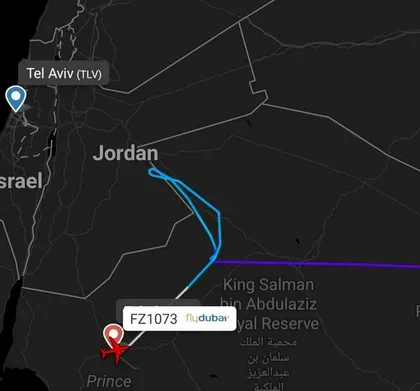 A diverted flydubai flight from Dubai to Tel Aviv seen on a map at an airport in Saudi Arabia, Wednesday. Credit: Flightradar24/Screenshot A diverted flydubai flight from Dubai to Tel Aviv seen on a map at an airport in Saudi Arabia, Wednesday.