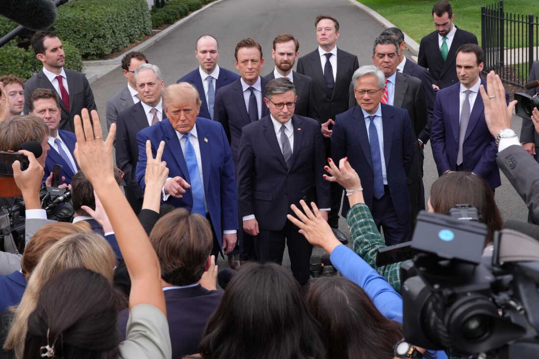 President Donald Trump speaks to reporters at the White House in Washington, Tuesday Sept. 29, 2026, after meeting with top executives of AI firms, as House Speaker Mike Johnson of La., and NVIDIA CEO Jensen Huang listen.