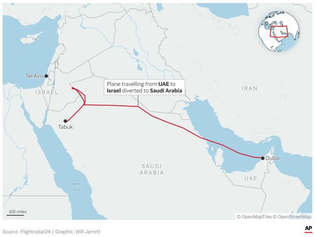 A map showing the route of a commercial plane diverted to Tabuk in Saudi Arabia. 