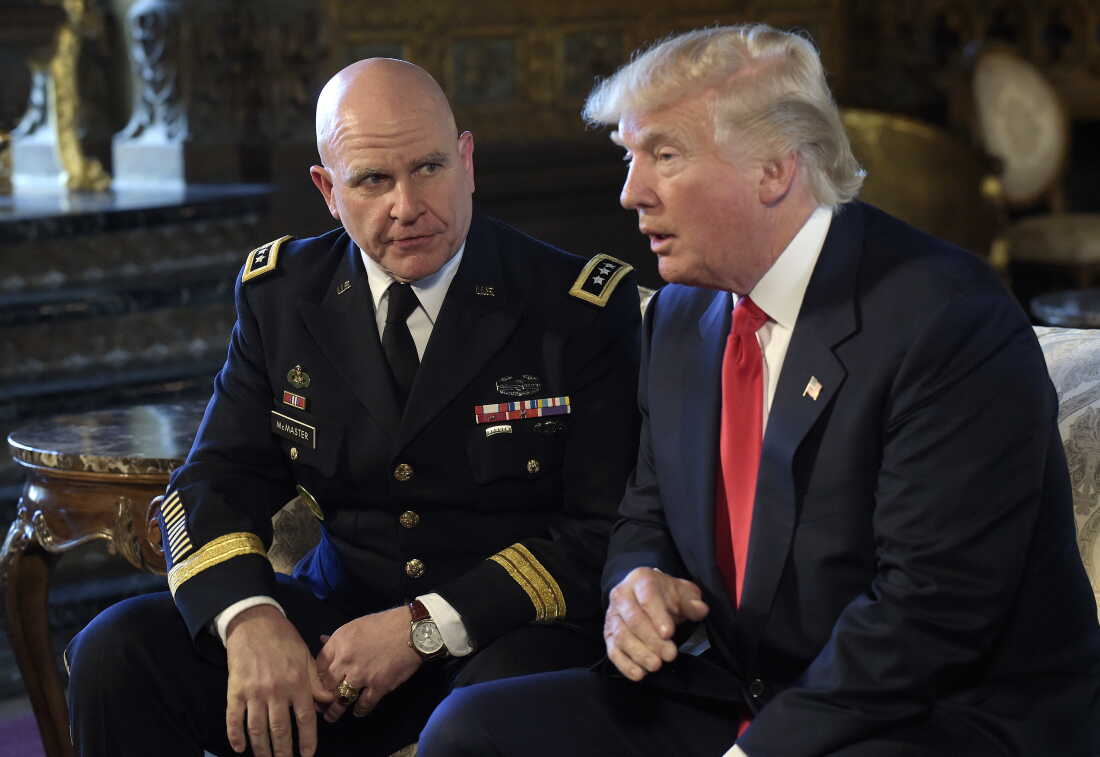President Donald Trump speaks as Army Lt. Gen. H.R. McMaster listens at Mar-a-Lago in Palm Beach, Fla., in February 2017.