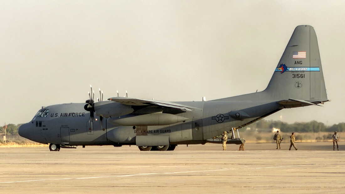 A US Air Force C-130 Hercules military transport aircraft prepares for takeoff from Camp Victory on the outskirts of Baghdad International Airport on Sept. 29, 2026.