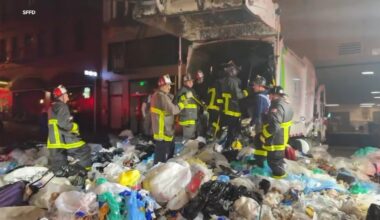 San Francisco firefighters rescue dumpster diver stuck in Recology garbage truck in Tenderloin