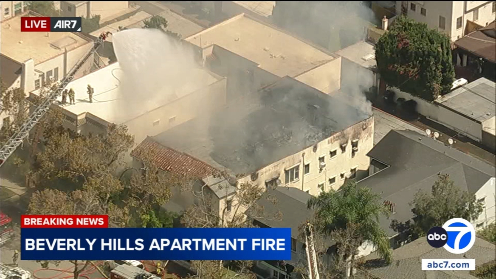 Fire engulfs apartment building in Beverly Hills, resulting in partial roof collapse
