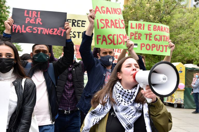 Kosovo Albanians  shout slogans and hold banners against violence in Gaza and in support for the free Palestine during a march in Pristina, Kosovo May 14, 2021. REUTERS/Laura Hasani