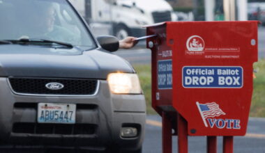 A freshly replaced ballot box replaces one that had been charred by arson in Vancouver, Washington
