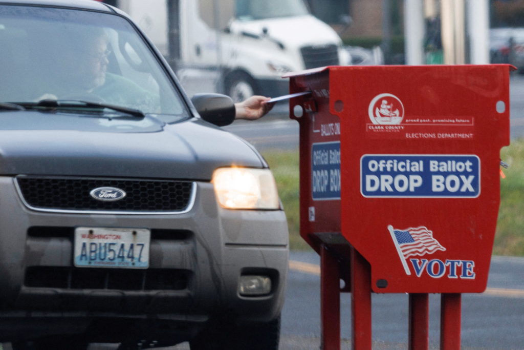 A freshly replaced ballot box replaces one that had been charred by arson in Vancouver, Washington