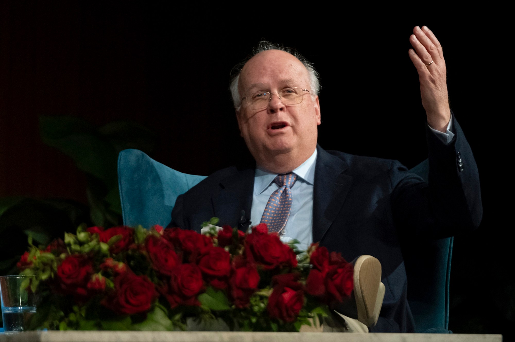 Former White House Director of Communications, Deputy Chief of Staff, and Republican strategist Karl Rove speaks at the LBJ Presidential Library in Austin on April 10, 2024.