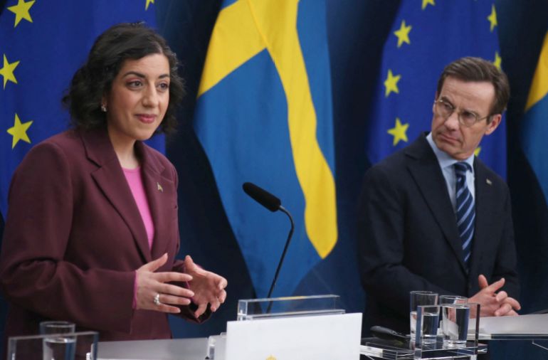 Sweden’s Minister for Education and Integration Simona Mohamsson and Prime Minister Ulf Kristersson