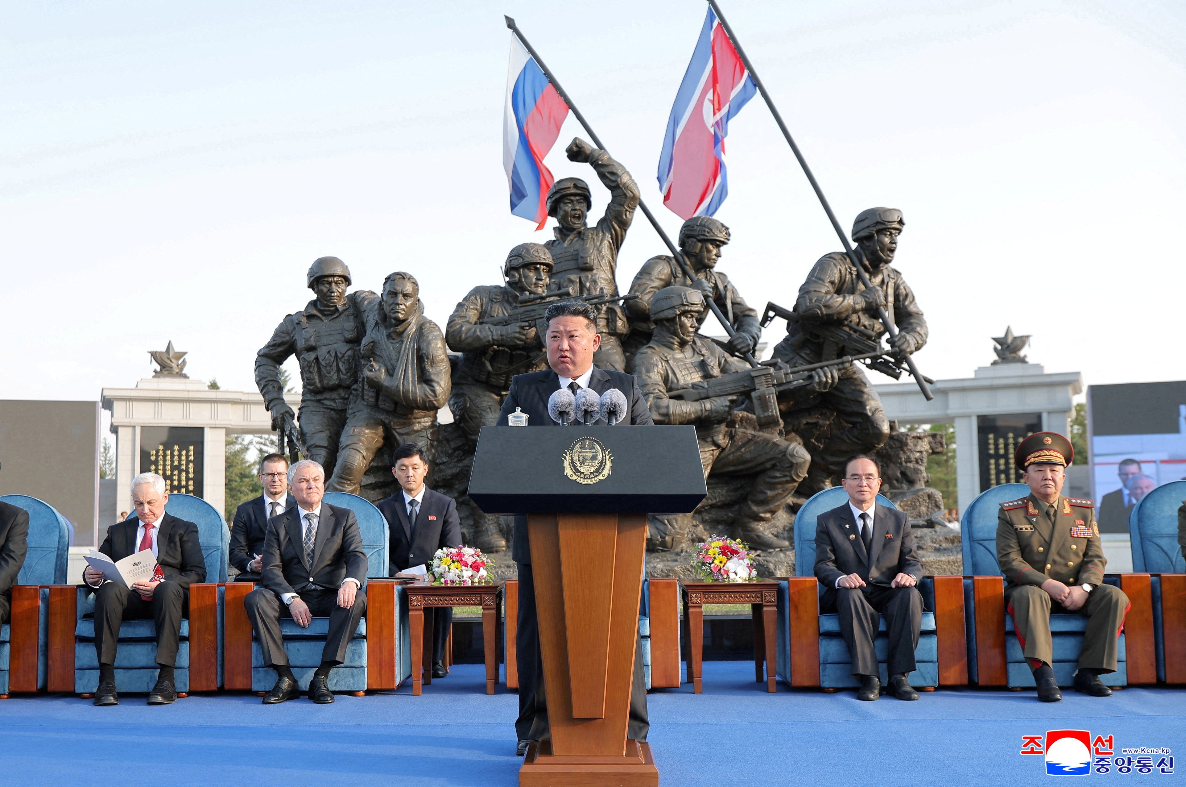 North Korean leader Kim Jong Un speaks during the opening ceremony of the Memorial Museum of Combat Feats at the Overseas Military Operations honouring North Korean troops killed while fighting for Russia in the war against Ukraine, in Pyongyang, North Korea