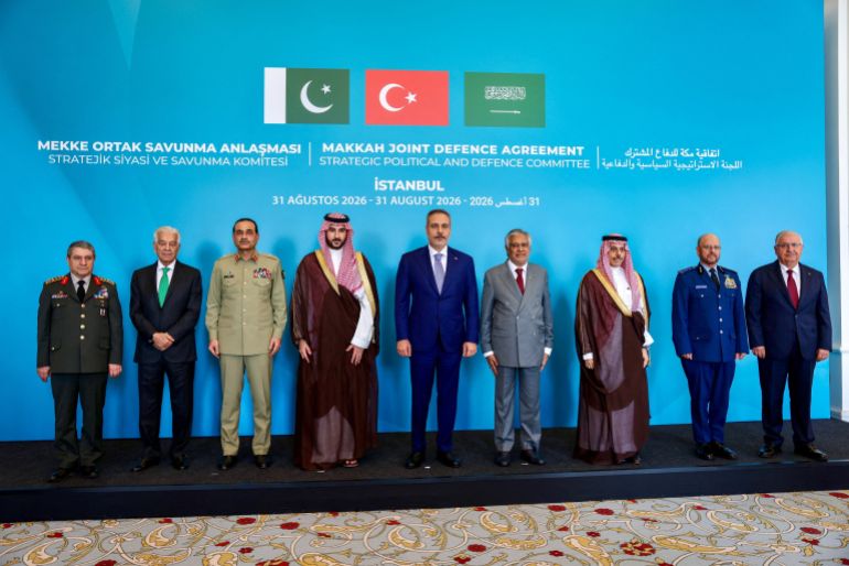 Turkey's Foreign Minister Hakan Fidan, Pakistan's Deputy Prime Minister and Foreign Minister Mohammad Ishaq Dar, Saudi Arabia's Foreign Minister Prince Faisal bin Farhan Al Saud, Turkey's Defence Minister Yasar Guler, Turkish Chief of General Staff General Selcuk Bayraktaroglu, Pakistan's Chief of Defence Forces and Chief of Army Staff Field Marshal Asim Munir, Pakistan's Defence Minister Khawaja Muhammad Asif, Saudi Arabia's Defence Minister Prince Khalid bin Salman, and Saudi Arabia's Chief of General Staff General Fayyadh bin Hamed Al-Ruwaili pose before the first committee meeting under the joint defence accord, the "Mecca Joint Defence Agreement", in Istanbul, Turkey, August 31, 2026. REUTERS/Murad Sezer