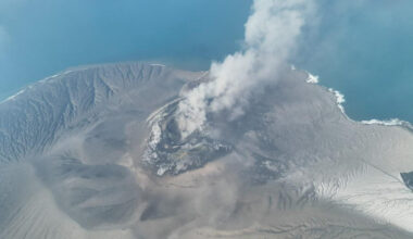 A drone view shows Mount Anak Krakatau volcano spewing hot ash during an eruption in South Lampung