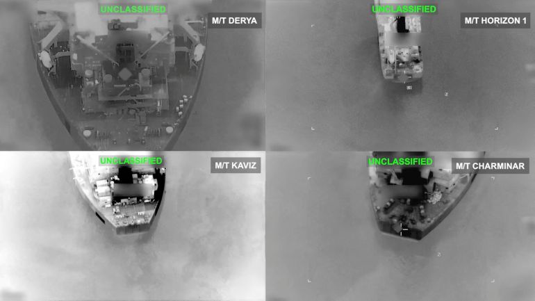 Iranian crude oil carriers before being struck, which US Central Command says it hit after attempted Iranian missile attacks on a US Navy warship over the past two days, at an unknown location in this still image taken from video released September 8, 2026