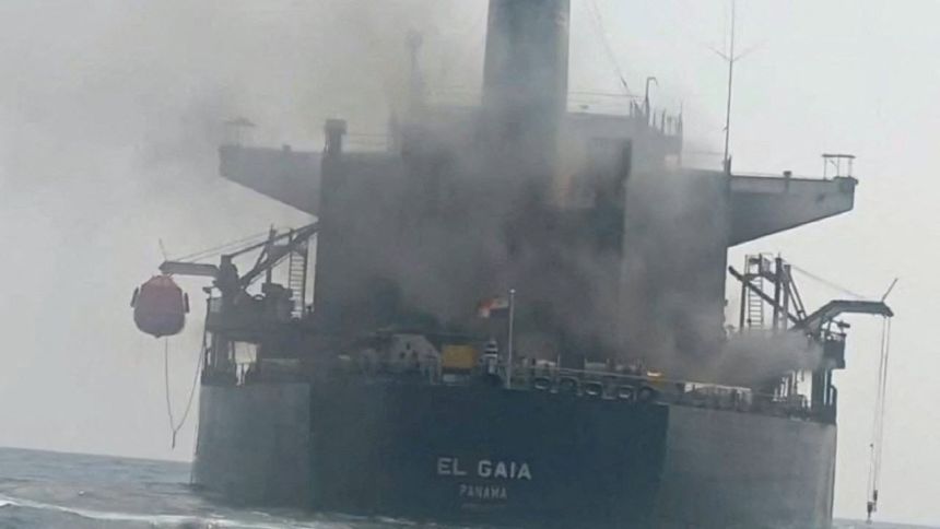 A still image from handout video released on September 15, said to show a damaged Panamanian-flagged oil tanker