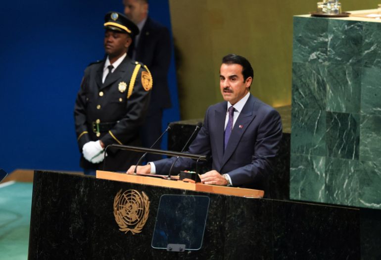 Qatar’s Emir Sheikh Tamim bin Hamad Al Thani addresses the United Nations General Assembly at UN headquarters in New York City, September 22, 2026