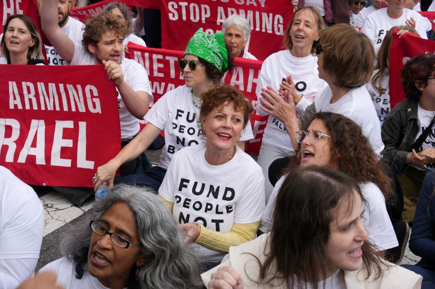 Actor Susan Sarandon takes part in a protest Thursday ahead of Israeli Prime Minister Benjamin Netanyahu's address to the United Nations 81st General Assembly in New York City.