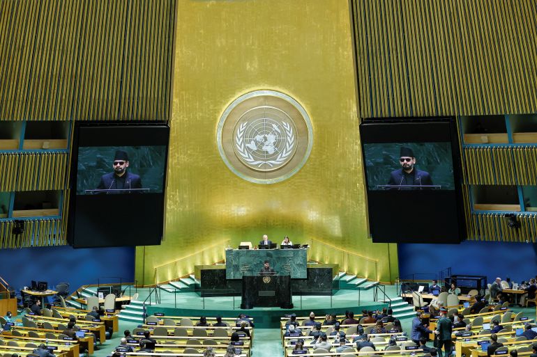Nepal Prime Minister Balendra Shah addresses the 81st United Nations General Assembly at UN headquarters in New York City, US, September 24, 2026 [Eduardo Munoz/Reuters]