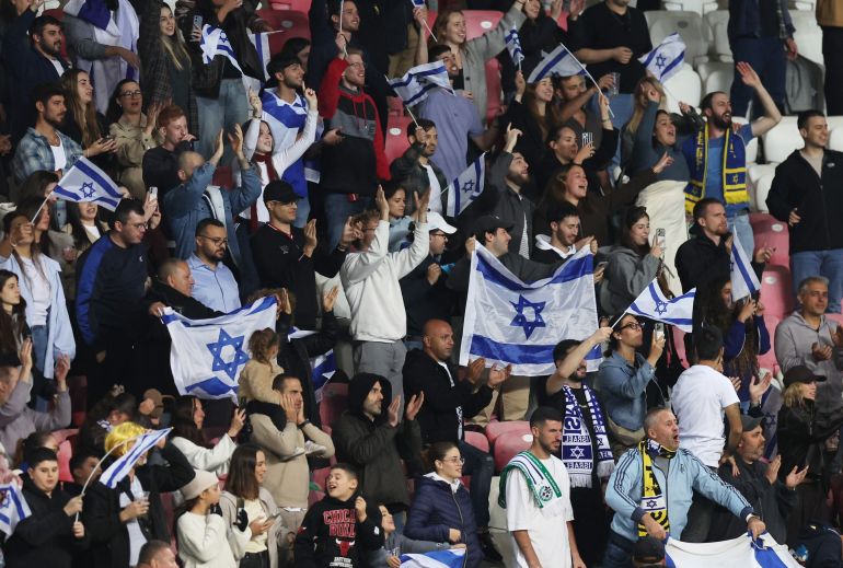 Soccer Football - Nations League - Group B3 - Israel v Republic of Ireland - Nagyerdei Stadion, Debrecen, Hungary - September 27, 2026 Israel fans with flags after the match REUTERS/Bernadett Szabo