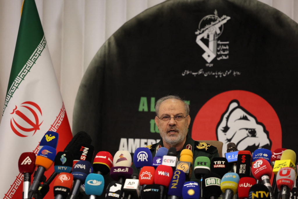 IRGC spokesperson Hossein Mohebbi speaks during a press conference in Tehran