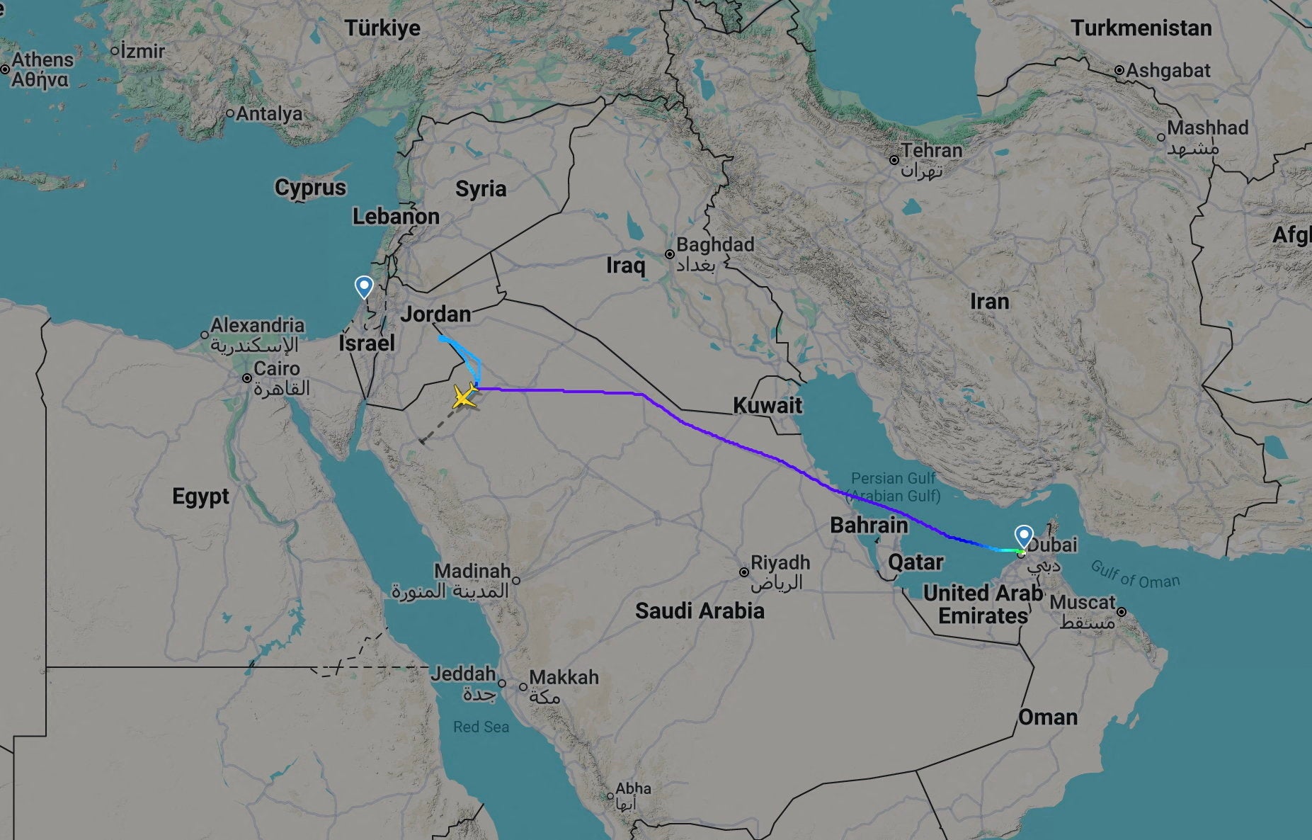 This Flightradar24 map shows a flydubai flight to Israel which was diverted to Saudi Arabia
