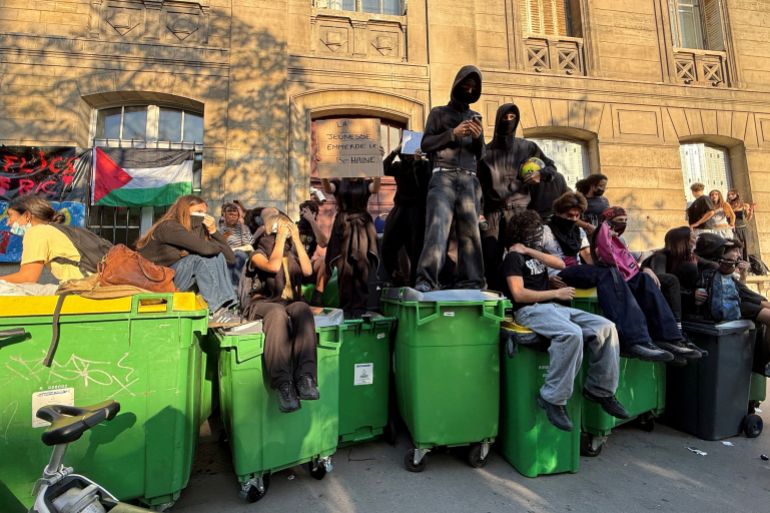 French high school students block access to the Lycee Arago high school in Paris as part of a day of strikes and protests by public sector workers, including firefighters, in France, on September 29, 2026
