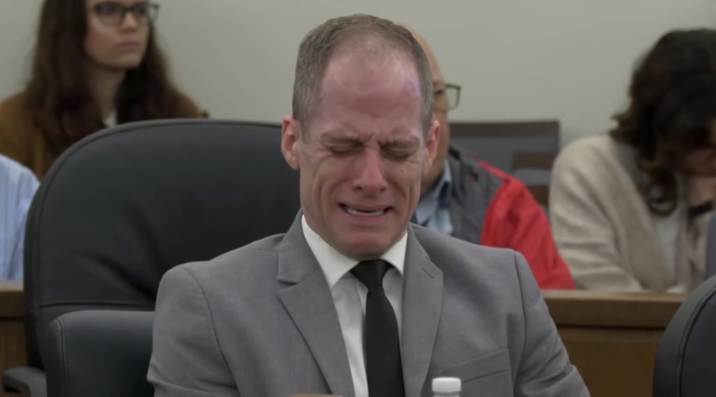 Caleb Flynn crying at his murdered wife's trial.