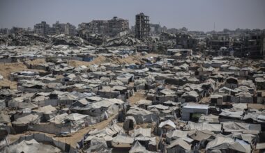 A view of Palestinian displacement camps amid widespread destruction in Gaza City on August 29, 2026 in Gaza City, Gaza.