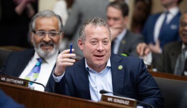 Representatives Josh Gottheimer (D-New Jersey) and Juan Vargas (D-California), left, attend a House Financial Services Committee hearing on Wednesday, February 4, 2026. Treasury Secretary Scott Bessent testified.