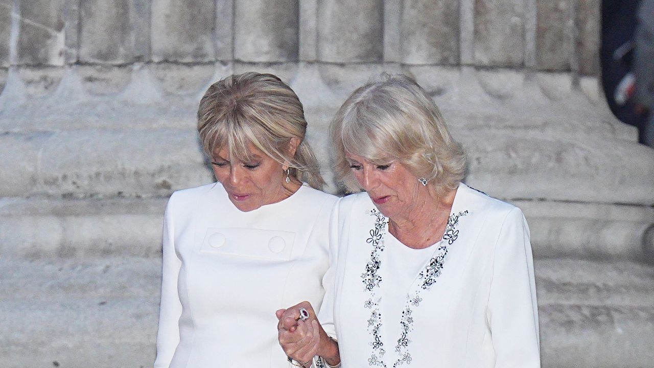 Queen Camilla channels French glamour as she welcomes Brigitte Macron to unveil the Bayeux Tapestry at the British Museum