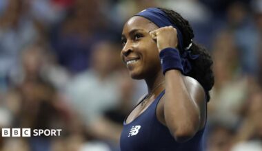 Coco Gauff celebrates winning her first-round match at the 2026 US Open
