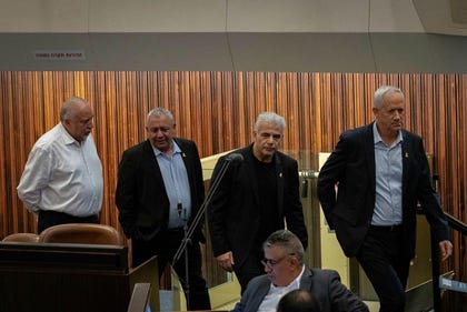 MKs Avigdor Lieberman (L), Gadi Eisenkot, Yair Lapid and Benny Gantz at the Knesset in June. Credit: Olivier Fitoussi MKs Avigdor Lieberman (L), Gadi Eisenkot, Yair Lapid and Benny Gantz at the Knesset in June.
