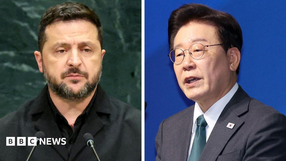 Composite image of Ukrainian President Volodymyr Zelensky, who has short dark hair, facial hair and is wearing a black shirt and jacket, and South Korean President Lee Jae Myung, who has short black hair and is wearing a white shirt, grey jacket and teal tie.