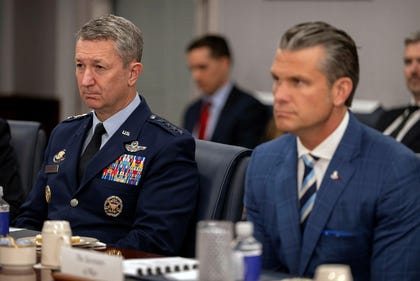 Gen. Dan Caine, chairman of the Joint Chiefs of Staff, left, and Defense Secretary Pete Hegseth listen during a meeting with Australia's Deputy Prime Minister and Minister of Defence Richard Marles at the Pentagon, Wednesday, in Washington. Credit: Mark Schiefelbein/AP Gen. Dan Caine, chairman of the Joint Chiefs of Staff, left, and Defense Secretary Pete Hegseth listen during a meeting with Australia's Deputy Prime Minister and Minister of Defence Richard Marles at the Pentagon, Wednesday, in Washington.