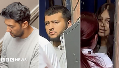 A composite image of three people arriving at court in grey clothing.