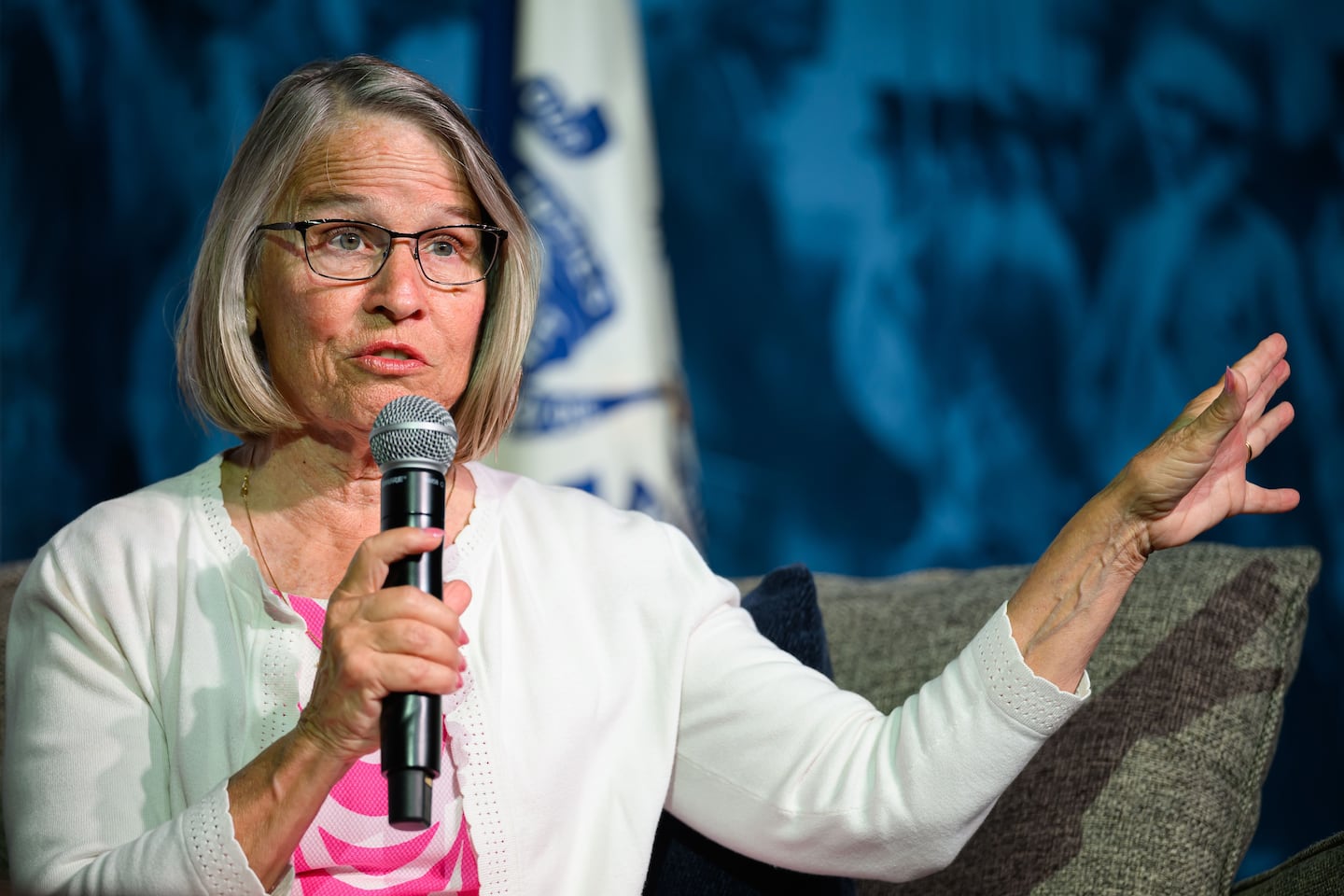 US Representative Mariannette Miller-Meeks (R-IA) was interviewed onstage at an Americans for Prosperity event at the Adventureland amusement park on Aug. 22, in Altoona, Iowa.