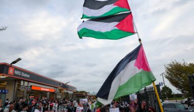Pro-Palestinian protestors demonstrate outside of NRG Station prior to the Ed Sheeran Concert at Lincoln Financial Field on September 19, 2026 in Philadelphia.
