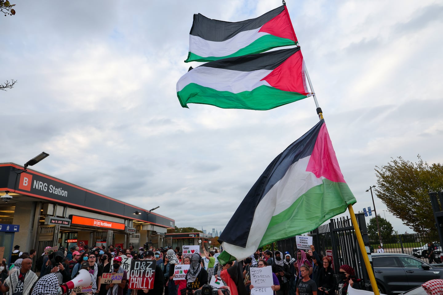 Pro-Palestinian protestors demonstrate outside of NRG Station prior to the Ed Sheeran Concert at Lincoln Financial Field on September 19, 2026 in Philadelphia.