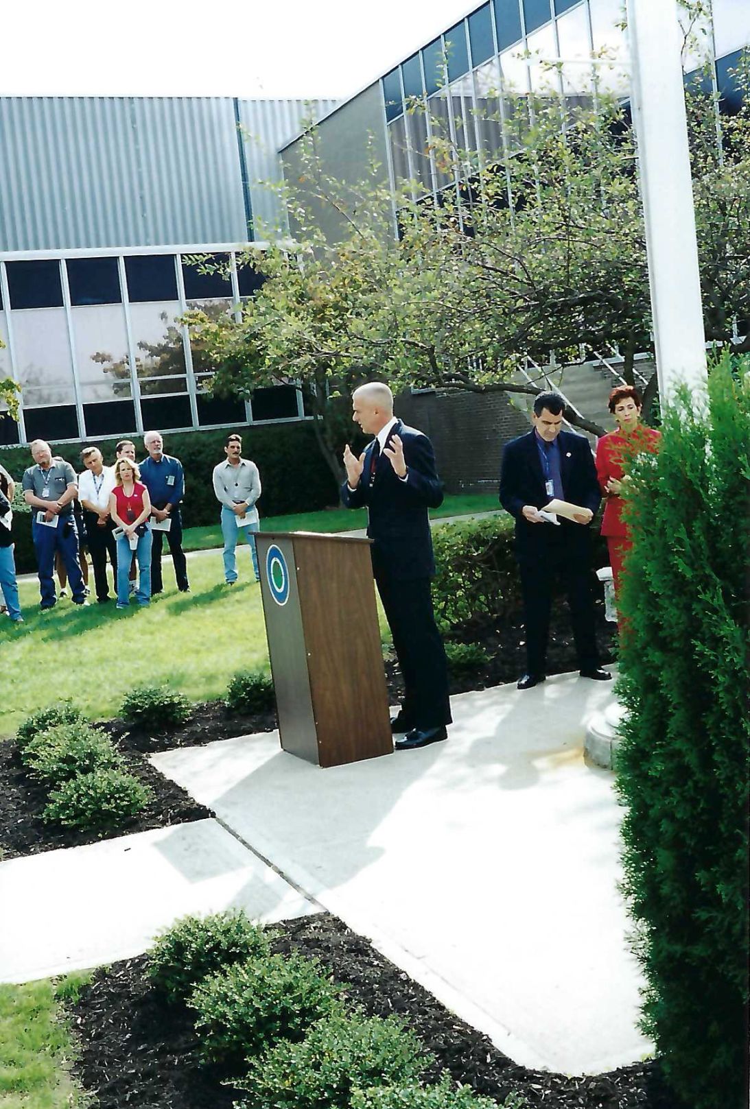 Michael McCormick speaks at a memorial at New York Center, for the aircrews killed on all 4 aircraft on 9/11, on September 11, 2002.