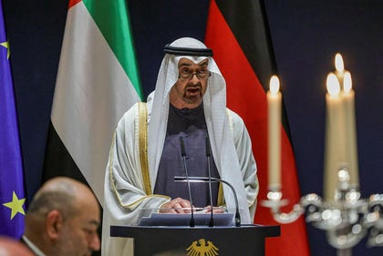 UAE President Mohamed bin Zayed delivers a speech during a banquet official toast at the official presidential residence in Berlin, Germany, in September. Credit: Omer Messinger/ REUTERS UAE President Mohamed bin Zayed delivers a speech during a banquet official toast at the official presidential residence in Berlin, Germany, in September.