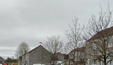 A row of grey terrarced houses, with patches of grass outside them. Cars are parked in front of some of them, with another row of homes in the background
