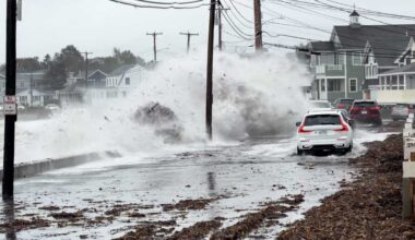 Large waves crash along Maine coast, swamping vehicles