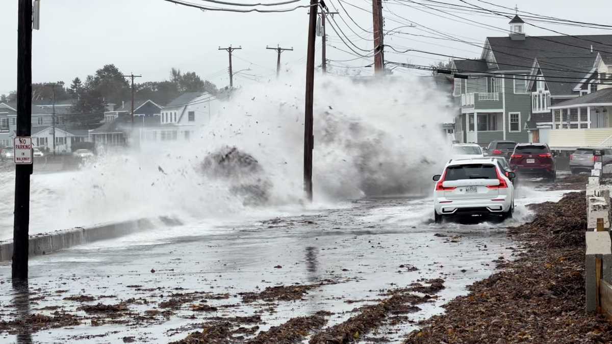 Large waves crash along Maine coast, swamping vehicles