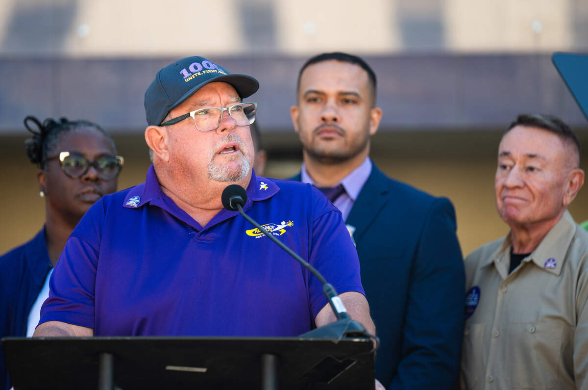 Bob Holtz, chair of SEIU Local 1000 bargaining unit No. 3, announces at news conference in Sacramento on Labor Day that he will vote to authorize a strike vote over unfair labor practices. His unit represents educators, librarians, diagnosticians and other California state workers.