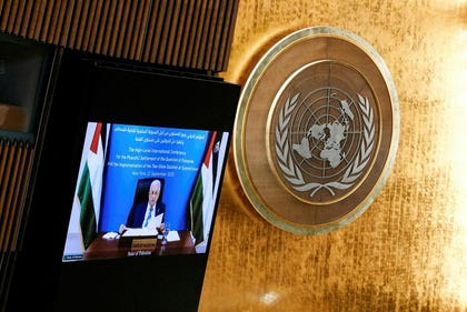 Palestinian President Mahmoud Abbas appears on a screen as he addresses delegates during a high-level meeting of heads of state at the UN headquarters in New York City, U.S., 2025. Credit: Eduardo Munoz/REUTERS Palestinian President Mahmoud Abbas appears on a screen as he addresses delegates during a high-level meeting of heads of state at the UN headquarters in New York City, U.S., 2025.