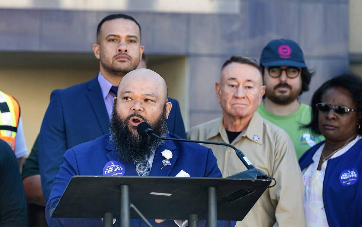 Bobby Roy, chair of SEIU Local 1000 bargaining unit No. 21 and chief negotiator for Local 1000, announces at news conference in Sacramento on Monday that he will vote to authorize a strike vote over unfair labor practices. His unit represents education consultants, librarians, archivists and other California state workers.