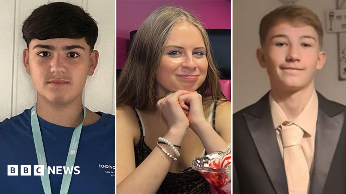 A composite image of the three teenagers. Luke Etheridge is on the left and is looking into the camera with a straight face. He has dark, short hair which is longer on the top compared to the sides. He is wearing a blue t-shirt and lighter blue lanyard. Zara Shaw is in the middle smiling into the camera with her chin resting on her clasped hands. She has long brown hair and is wearing a black vest with a pearl bracelet on her wrist. Jackson Duke is on the right and has light brown short hair. He is smiling to the side. He is wearing a black suit jacket and beige shirt and tie.