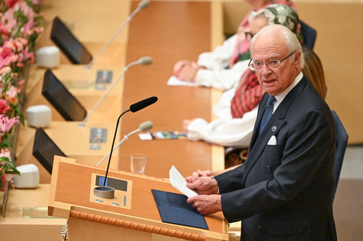 Sweden's King Carl XVI Gustaf delivers a speech at the opening of the Swedish Parliament Riksdagen 