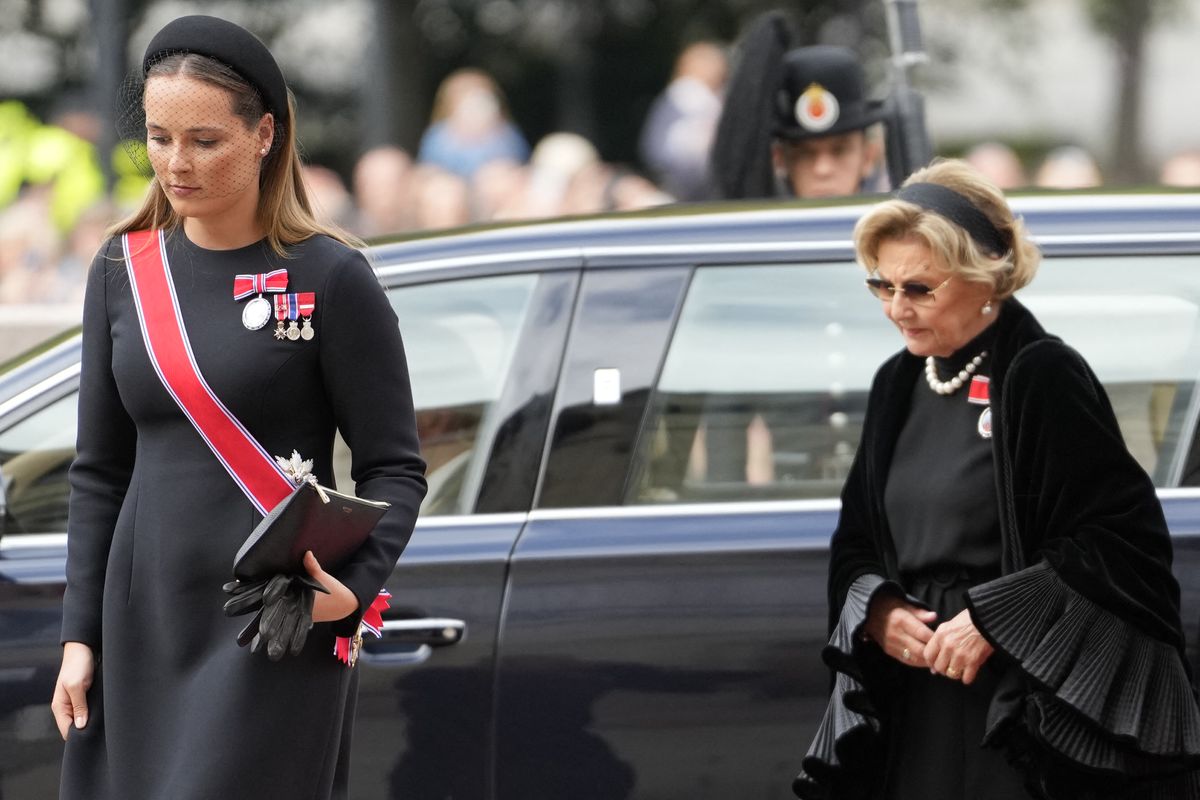 Crown Princess Ingrid Alexandra of Norway and Queen Sonja of Norway arrive at the Storting to attend the oath-taking ceremony in of King Haakon VIII at the Storting's main chamber 