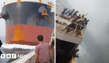 Dramatic moment a cargo ship crashes into another vessel